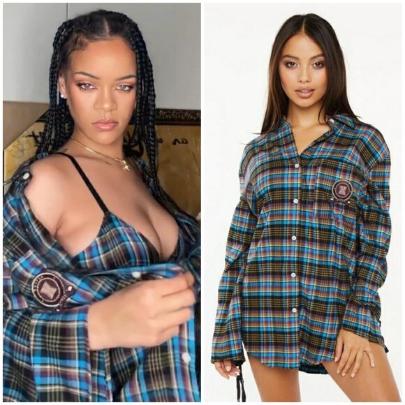 💕SAVAGE x FENTY💕 Tied-Up Tartan PJ Raw Hem Sleep Shirt Blue Plaid Small S NWT - Picture 1 of 16